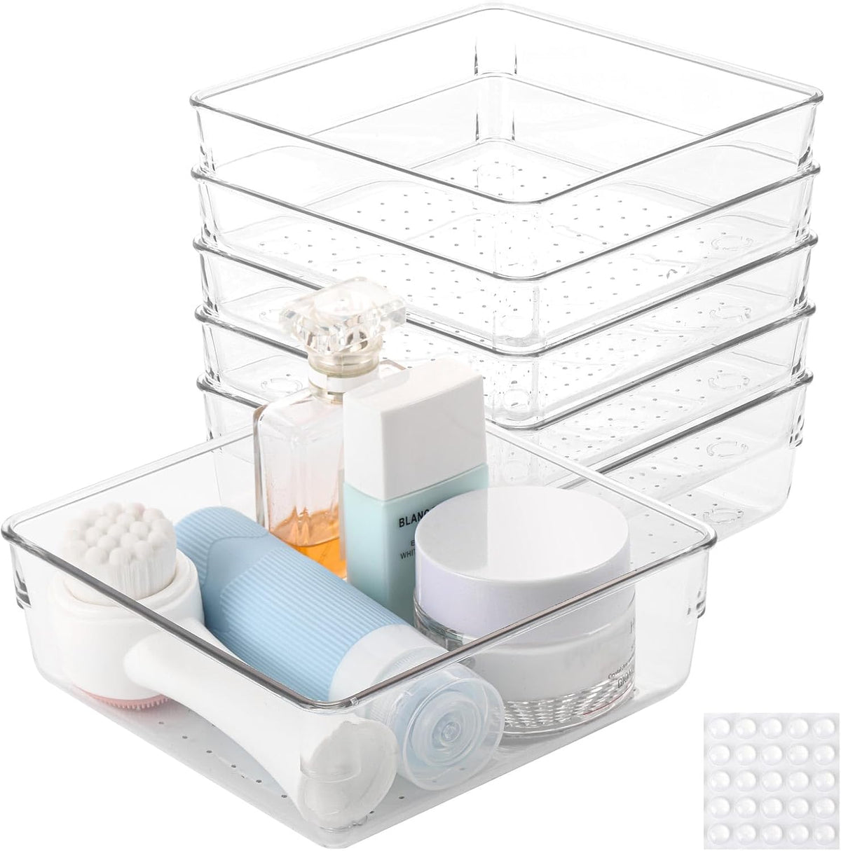 6 Pcs Large Clear Plastic Drawer Organizers Tray 15" x 6.3" Storage Bins with 25 Pcs Non-Slip Pads for Makeup, Jewelries, Kitchen Utensils, Bathroom and Office