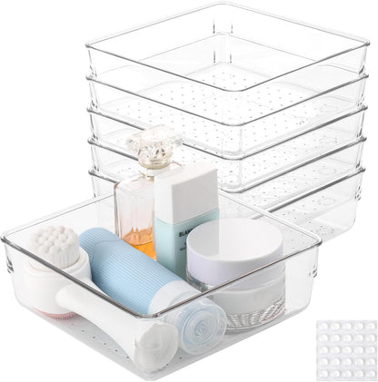 6 Pcs Large Clear Plastic Drawer Organizers Tray 15" x 6.3" Storage Bins with 25 Pcs Non-Slip Pads for Makeup, Jewelries, Kitchen Utensils, Bathroom and Office