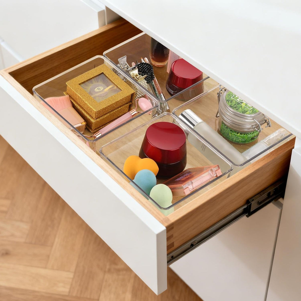 6 Pcs Large Clear Plastic Drawer Organizers Tray 15" x 6.3" Storage Bins with 25 Pcs Non-Slip Pads for Makeup, Jewelries, Kitchen Utensils, Bathroom and Office