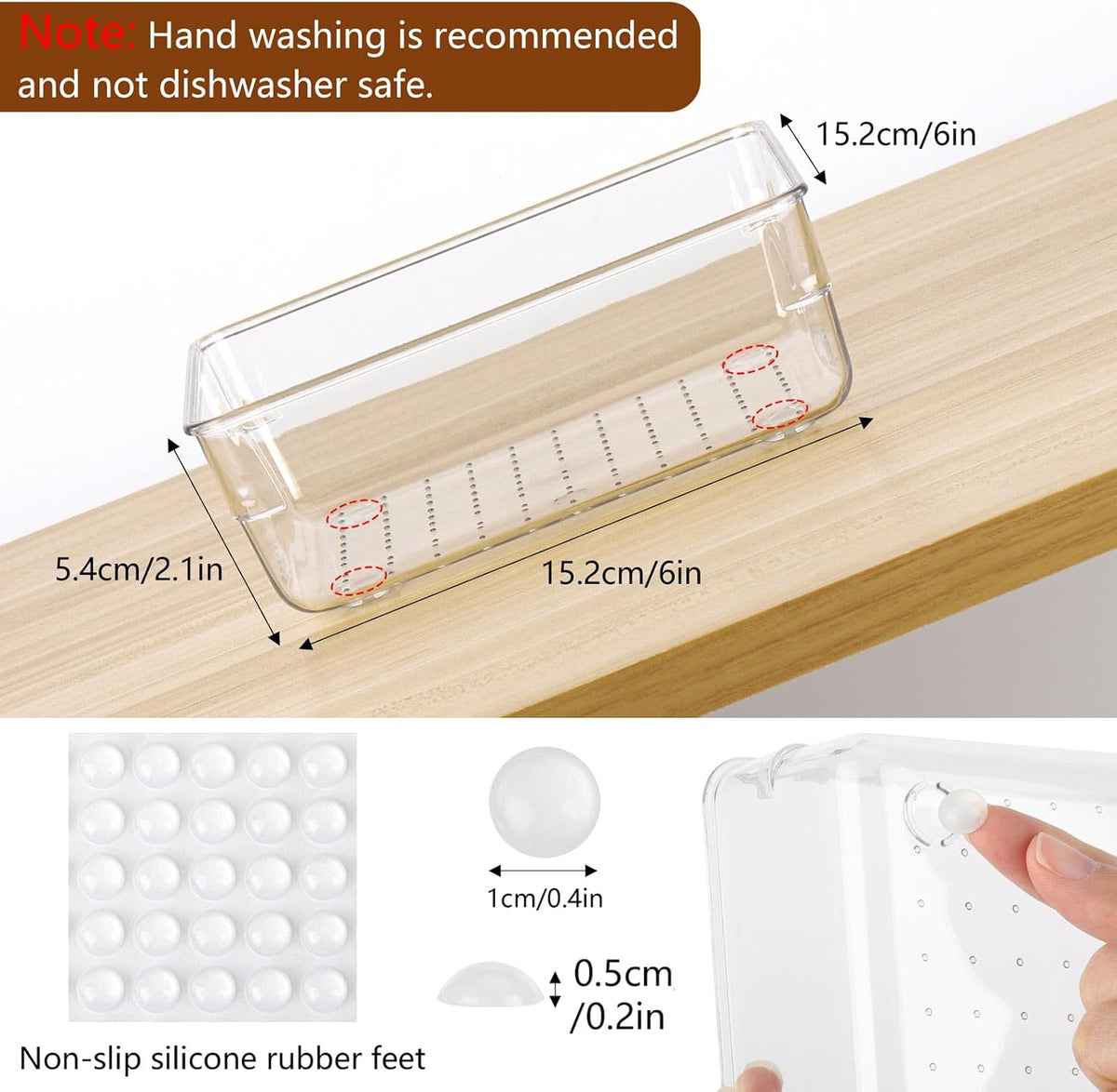 6 Pcs Large Clear Plastic Drawer Organizers Tray 15" x 6.3" Storage Bins with 25 Pcs Non-Slip Pads for Makeup, Jewelries, Kitchen Utensils, Bathroom and Office