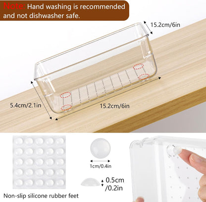 6 Pcs Large Clear Plastic Drawer Organizers Tray 15" x 6.3" Storage Bins with 25 Pcs Non-Slip Pads for Makeup, Jewelries, Kitchen Utensils, Bathroom and Office