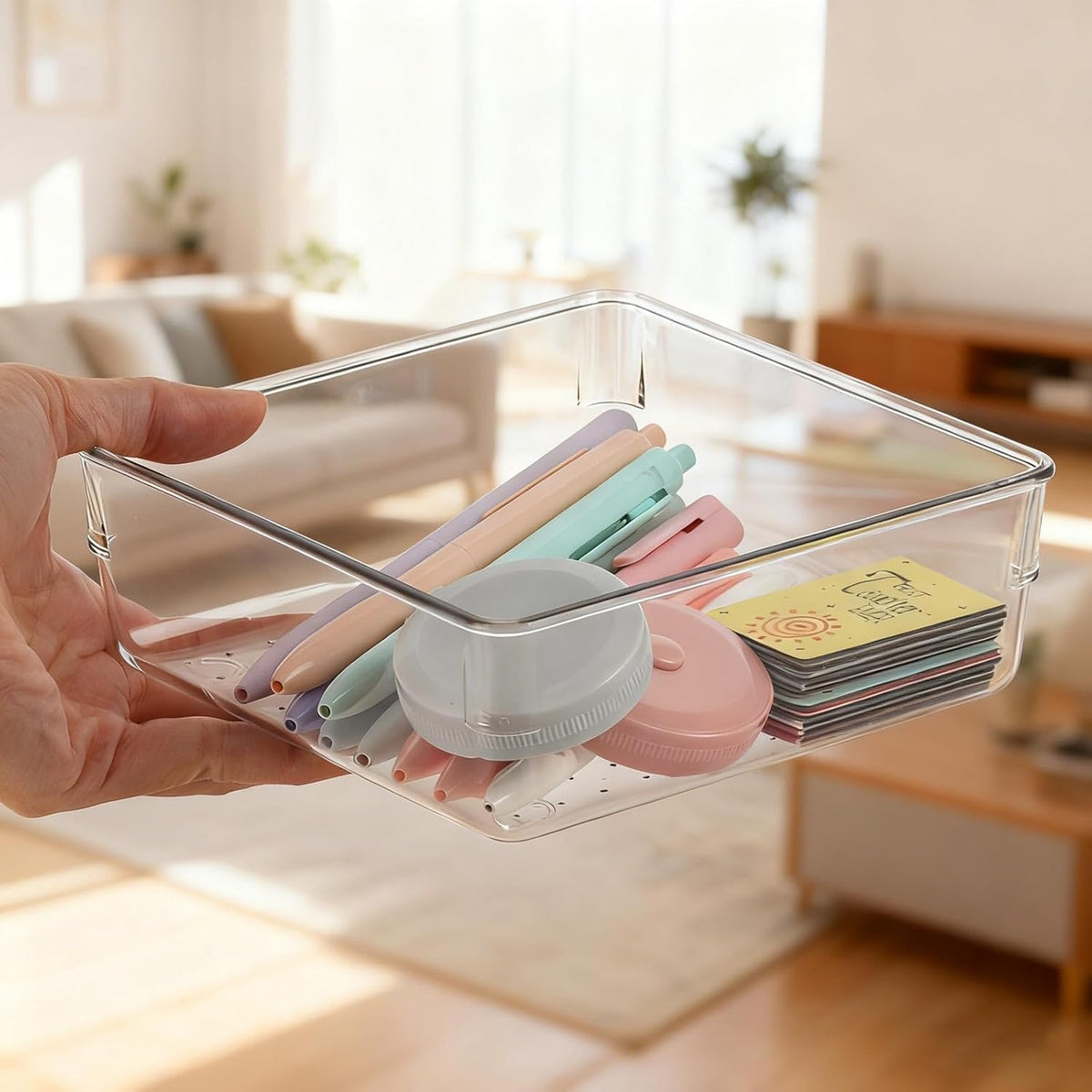 6 Pcs Large Clear Plastic Drawer Organizers Tray 15" x 6.3" Storage Bins with 25 Pcs Non-Slip Pads for Makeup, Jewelries, Kitchen Utensils, Bathroom and Office