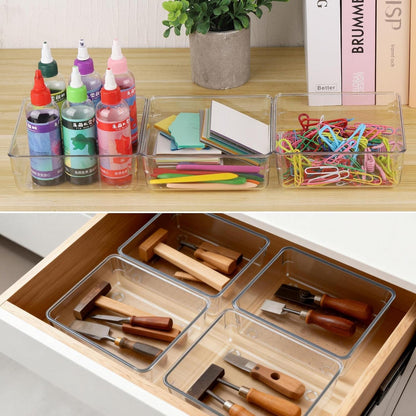 6 Pcs Large Clear Plastic Drawer Organizers Tray 15" x 6.3" Storage Bins with 25 Pcs Non-Slip Pads for Makeup, Jewelries, Kitchen Utensils, Bathroom and Office