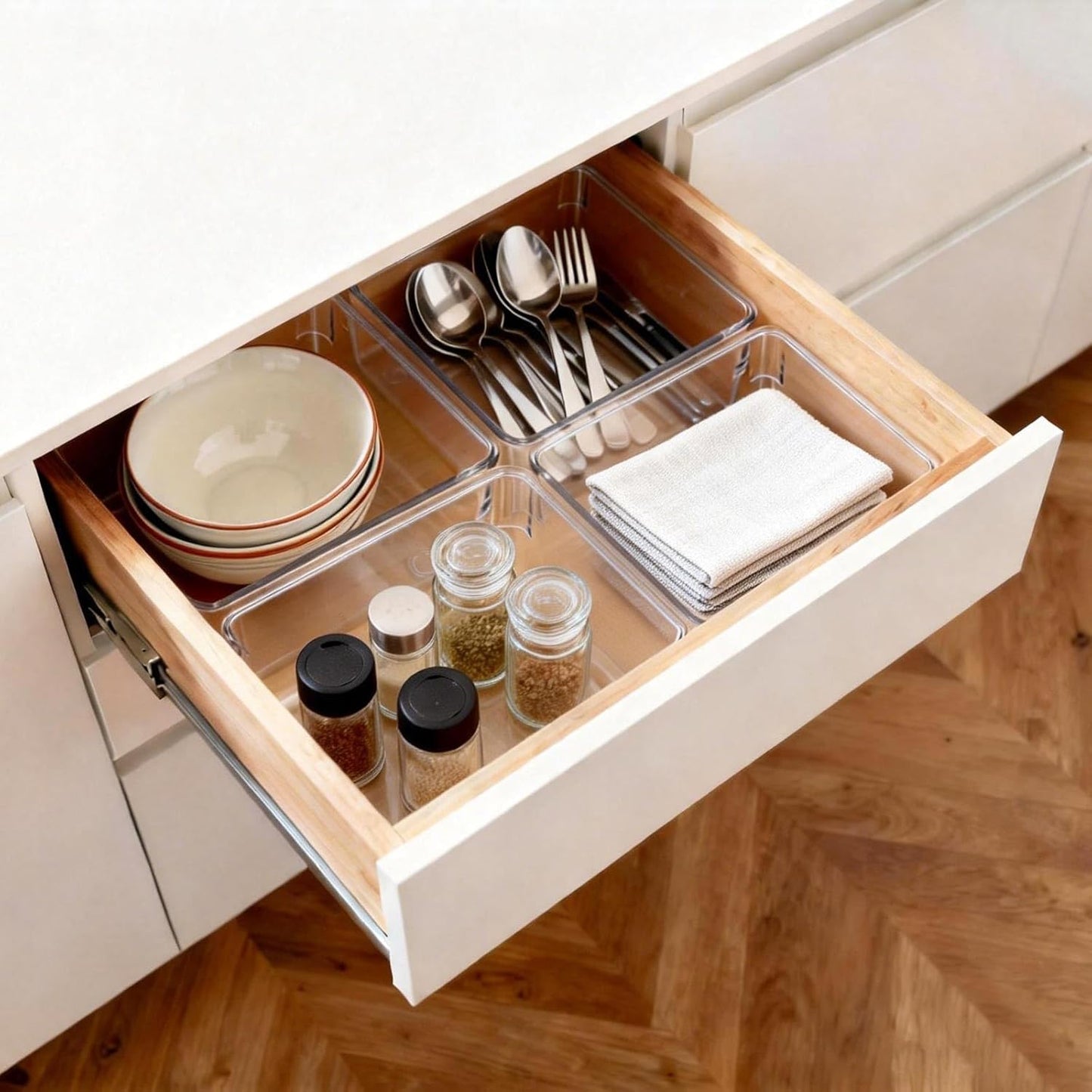 6 Pcs Large Clear Plastic Drawer Organizers Tray 15" x 6.3" Storage Bins with 25 Pcs Non-Slip Pads for Makeup, Jewelries, Kitchen Utensils, Bathroom and Office