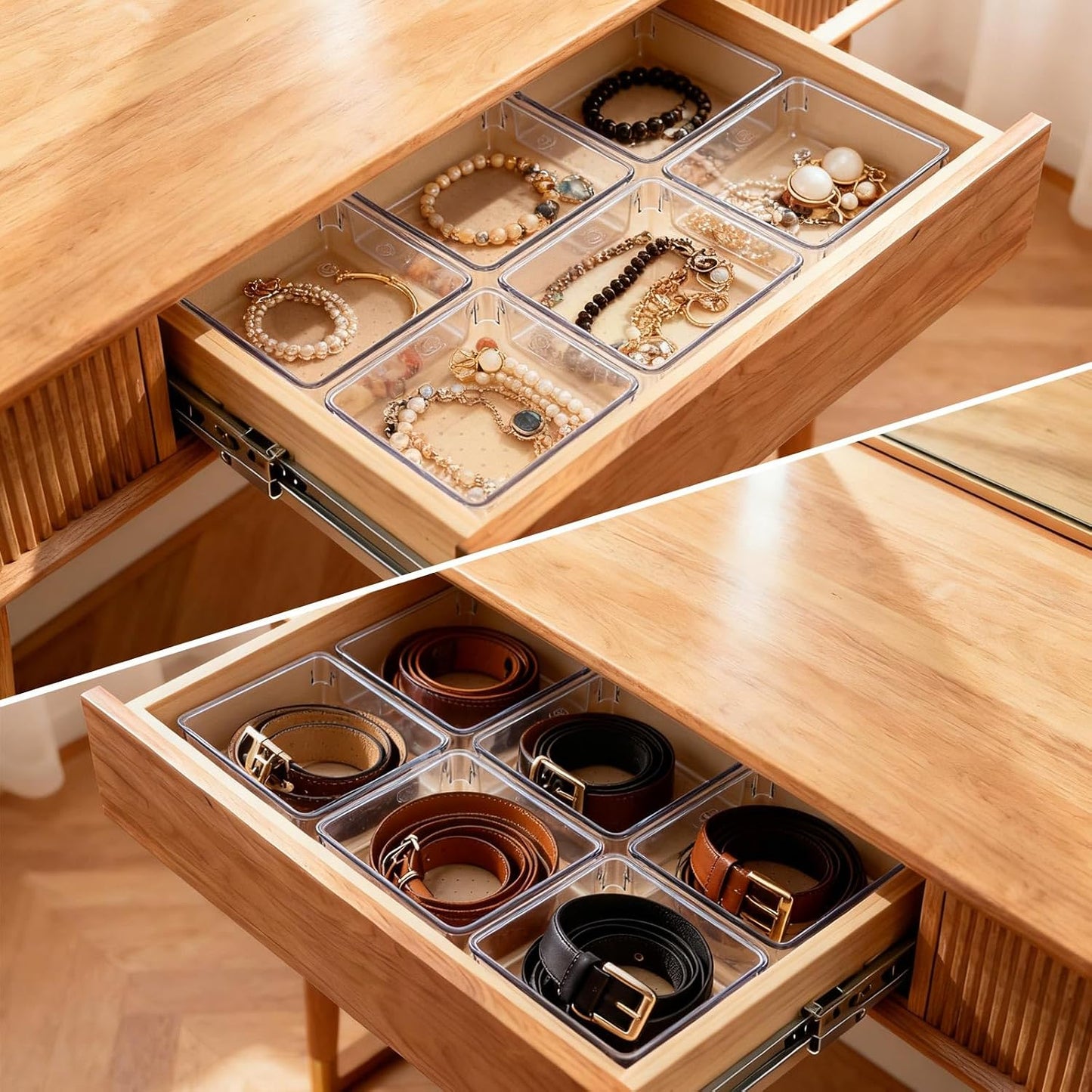 6 Pcs Large Clear Plastic Drawer Organizers Tray 15" x 6.3" Storage Bins with 25 Pcs Non-Slip Pads for Makeup, Jewelries, Kitchen Utensils, Bathroom and Office