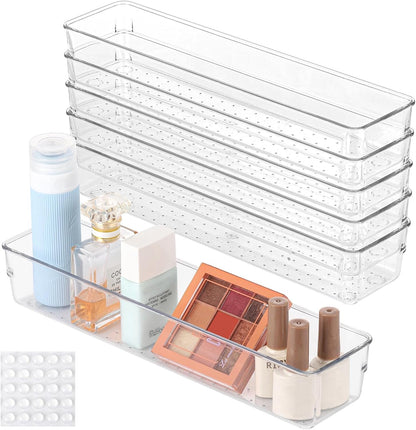 6 Pcs Large Clear Plastic Drawer Organizers Tray 15" x 6.3" Storage Bins with 25 Pcs Non-Slip Pads for Makeup, Jewelries, Kitchen Utensils, Bathroom and Office