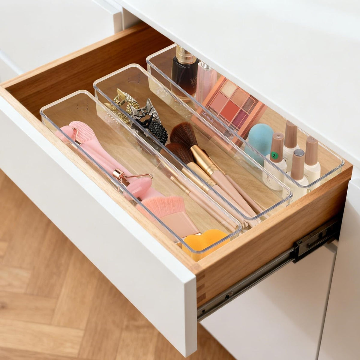6 Pcs Large Clear Plastic Drawer Organizers Tray 15" x 6.3" Storage Bins with 25 Pcs Non-Slip Pads for Makeup, Jewelries, Kitchen Utensils, Bathroom and Office