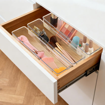 6 Pcs Large Clear Plastic Drawer Organizers Tray 15" x 6.3" Storage Bins with 25 Pcs Non-Slip Pads for Makeup, Jewelries, Kitchen Utensils, Bathroom and Office