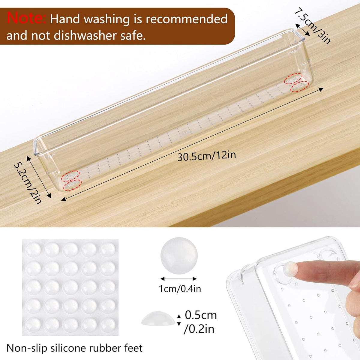 6 Pcs Large Clear Plastic Drawer Organizers Tray 15" x 6.3" Storage Bins with 25 Pcs Non-Slip Pads for Makeup, Jewelries, Kitchen Utensils, Bathroom and Office