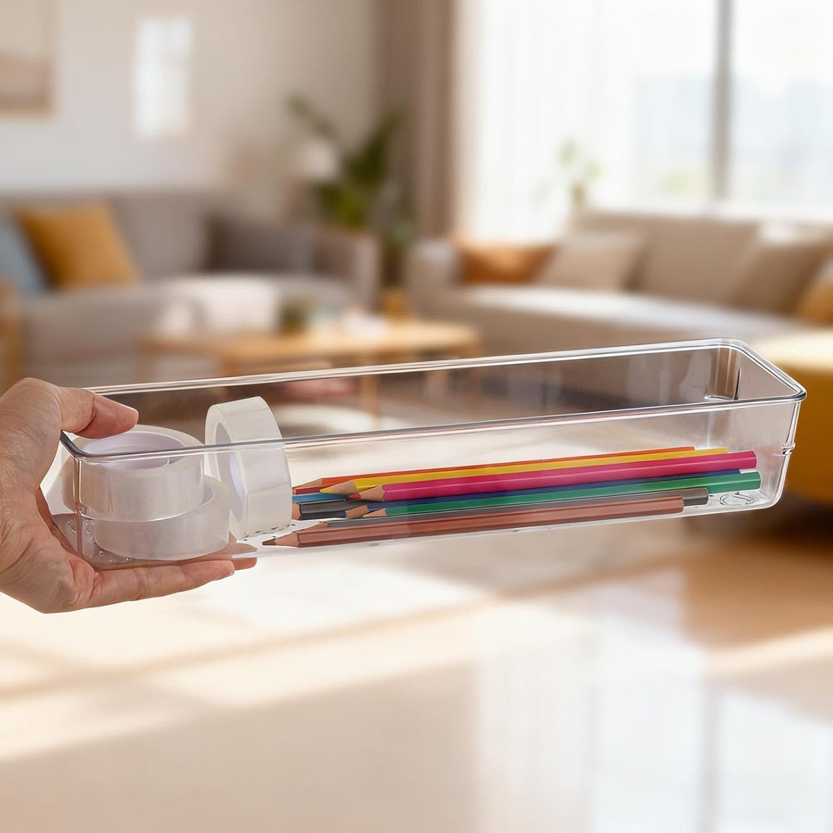 6 Pcs Large Clear Plastic Drawer Organizers Tray 15" x 6.3" Storage Bins with 25 Pcs Non-Slip Pads for Makeup, Jewelries, Kitchen Utensils, Bathroom and Office