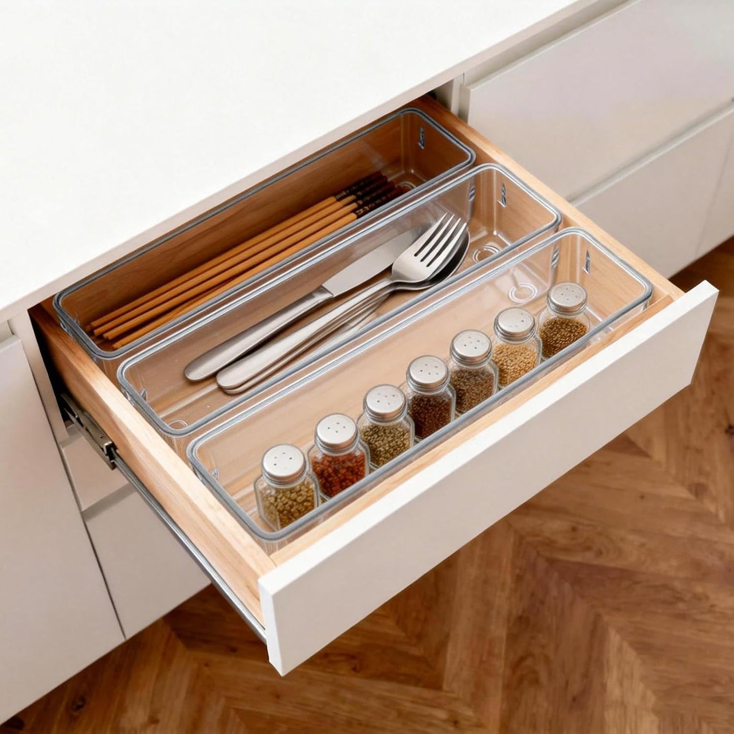 6 Pcs Large Clear Plastic Drawer Organizers Tray 15" x 6.3" Storage Bins with 25 Pcs Non-Slip Pads for Makeup, Jewelries, Kitchen Utensils, Bathroom and Office