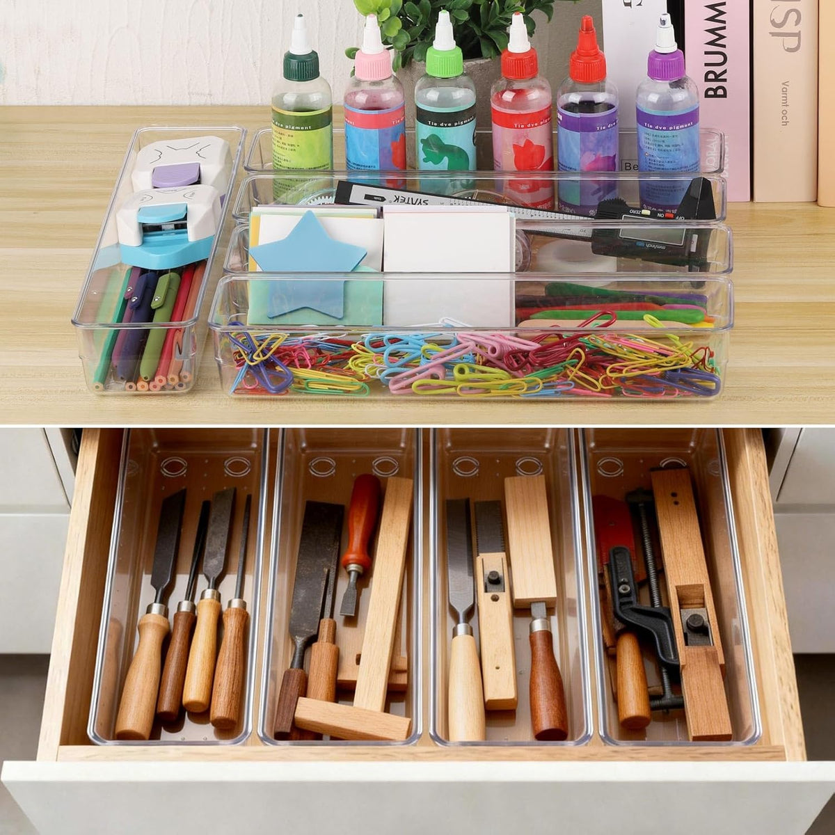 6 Pcs Large Clear Plastic Drawer Organizers Tray 15" x 6.3" Storage Bins with 25 Pcs Non-Slip Pads for Makeup, Jewelries, Kitchen Utensils, Bathroom and Office