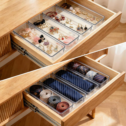 6 Pcs Large Clear Plastic Drawer Organizers Tray 15" x 6.3" Storage Bins with 25 Pcs Non-Slip Pads for Makeup, Jewelries, Kitchen Utensils, Bathroom and Office