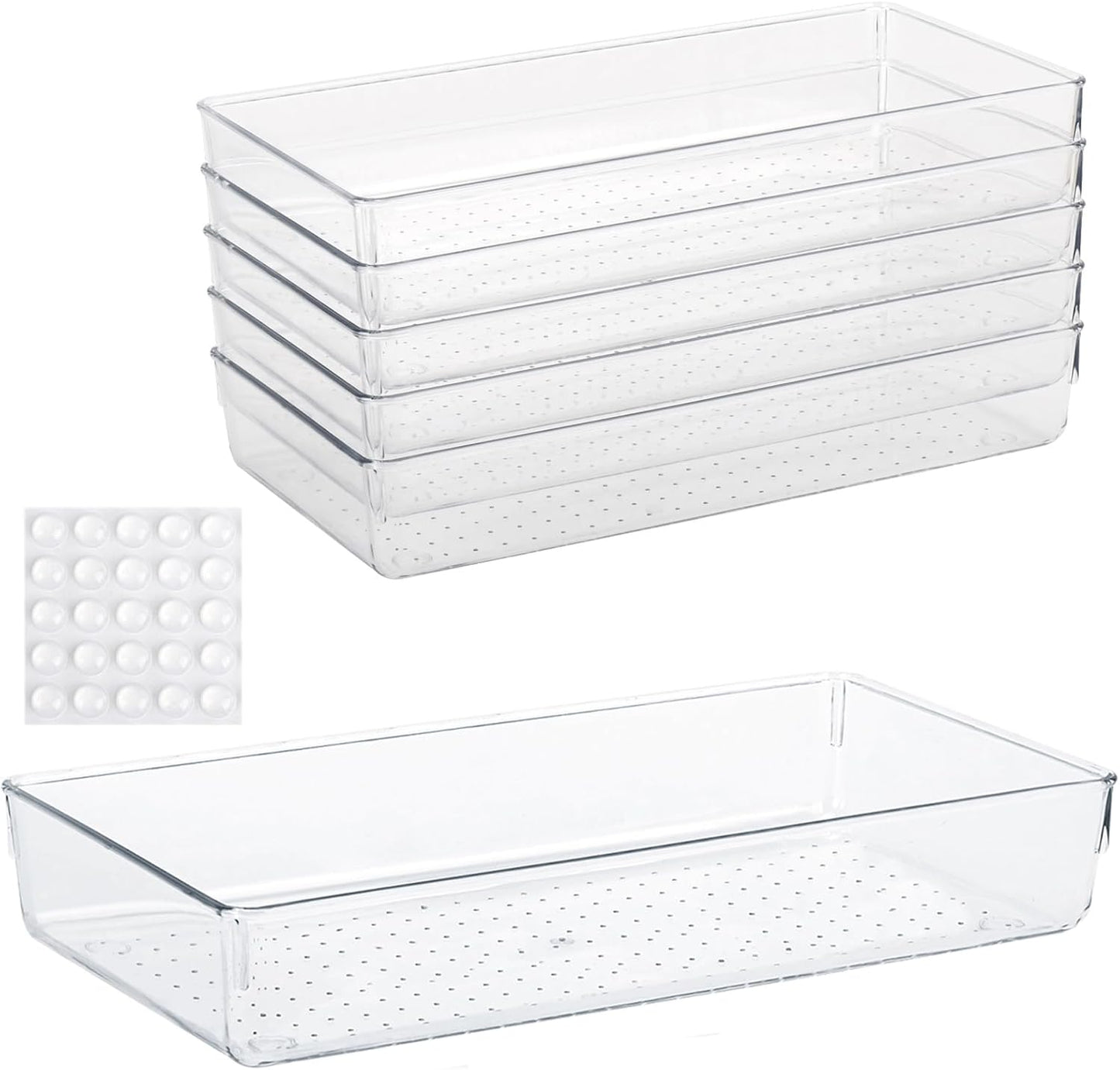 6 Pcs Large Clear Plastic Drawer Organizers Tray 15" x 6.3" Storage Bins with 25 Pcs Non-Slip Pads for Makeup, Jewelries, Kitchen Utensils, Bathroom and Office