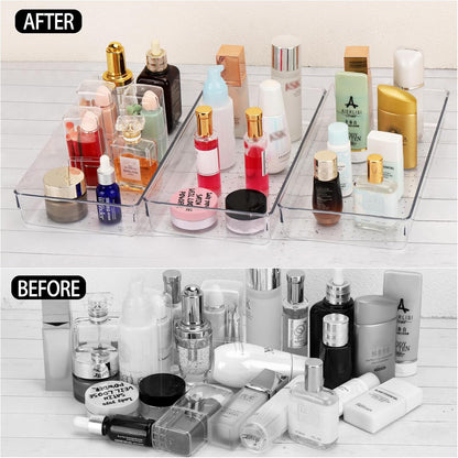 6 Pcs Large Clear Plastic Drawer Organizers Tray 15" x 6.3" Storage Bins with 25 Pcs Non-Slip Pads for Makeup, Jewelries, Kitchen Utensils, Bathroom and Office