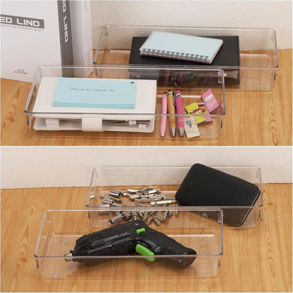 6 Pcs Large Clear Plastic Drawer Organizers Tray 15" x 6.3" Storage Bins with 25 Pcs Non-Slip Pads for Makeup, Jewelries, Kitchen Utensils, Bathroom and Office