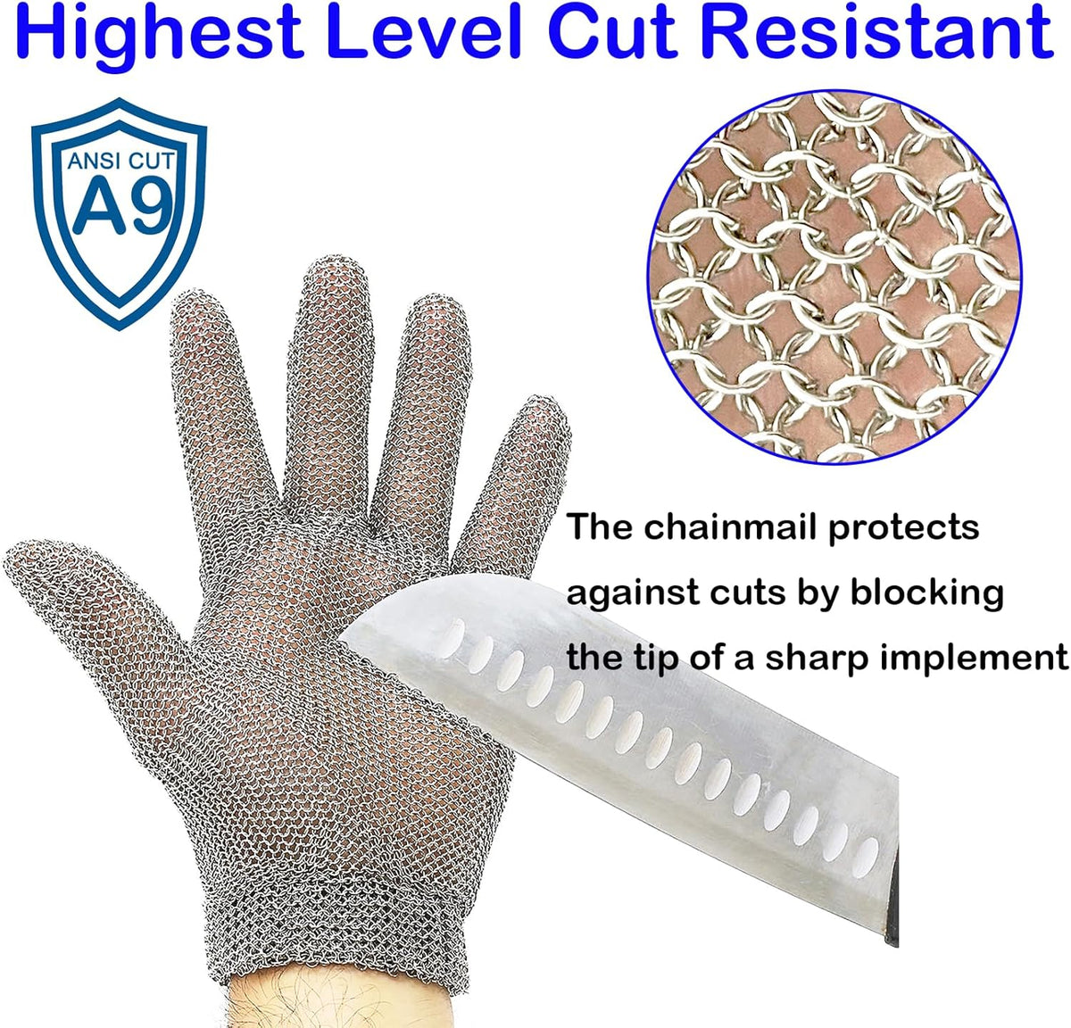 Chainmail Gloves for Cutting,Highest Level Cut Resistant,Spring Wristband,Stainless Steel Metal Mesh Gloves,Butcher Glove for Meat Cutting Food Processing Oyster Shucking Kitchen Fish Fillet,M