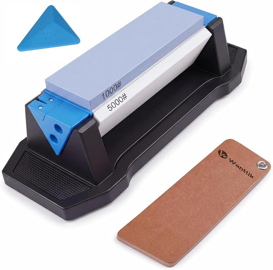 Tri-Stone Knife Sharpener, 400/1000/5000 Grit | 3-sided whetstone for kitchen & pocket knives; with non-slip base, angle guide & leather strop