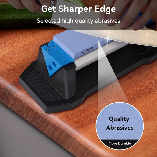 Tri-Stone Knife Sharpener, 400/1000/5000 Grit | 3-sided whetstone for kitchen & pocket knives; with non-slip base, angle guide & leather strop