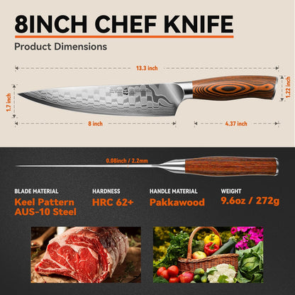 Kiritsuke Chef Knife, 8.5 inch Asian Kitchen Knife for Cutting Fish & Meat, High Carbon German Steel Japanese Blade-Type with Ergonomic Handle
