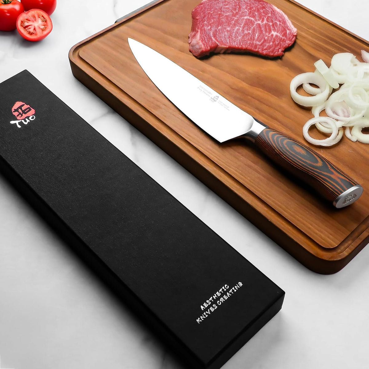 Kiritsuke Chef Knife, 8.5 inch Asian Kitchen Knife for Cutting Fish & Meat, High Carbon German Steel Japanese Blade-Type with Ergonomic Handle