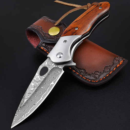 Damascus Pocket Knife for Men, Damascus Steel Folding Knife DMYYM | VG10 Core, Rosewood Handle, Ball Bearing, Thumb Hole, Liner Lock, Sheath, Gift for EDC, Camping, Outdoor, Survival & Hunting