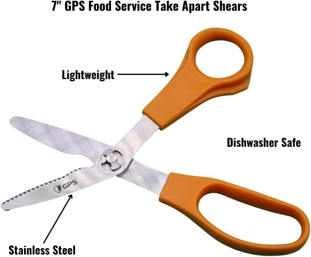 GPS 7"" Take Apart Kitchen Safety Shears, Orange Handle, Food Grade, Stainless Steel, Used For Chicken/Poultry/Fish/Meat/Vegetables and More