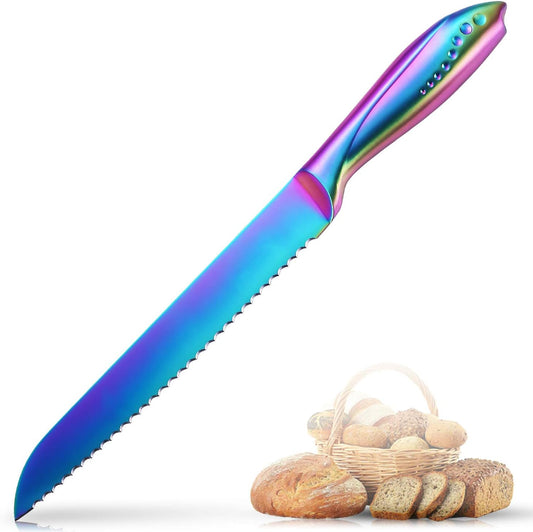 Bread Knife 8 Inch, Serrated Bread Cutter, Ultra Sharp German Stainless Steel Blade and Comfortable Handle with Rainbow Titanium Coated for Slicing Breads Loaves Bagel Cake and Large Fruit