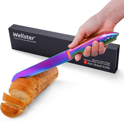 Bread Knife 8 Inch, Serrated Bread Cutter, Ultra Sharp German Stainless Steel Blade and Comfortable Handle with Rainbow Titanium Coated for Slicing Breads Loaves Bagel Cake and Large Fruit