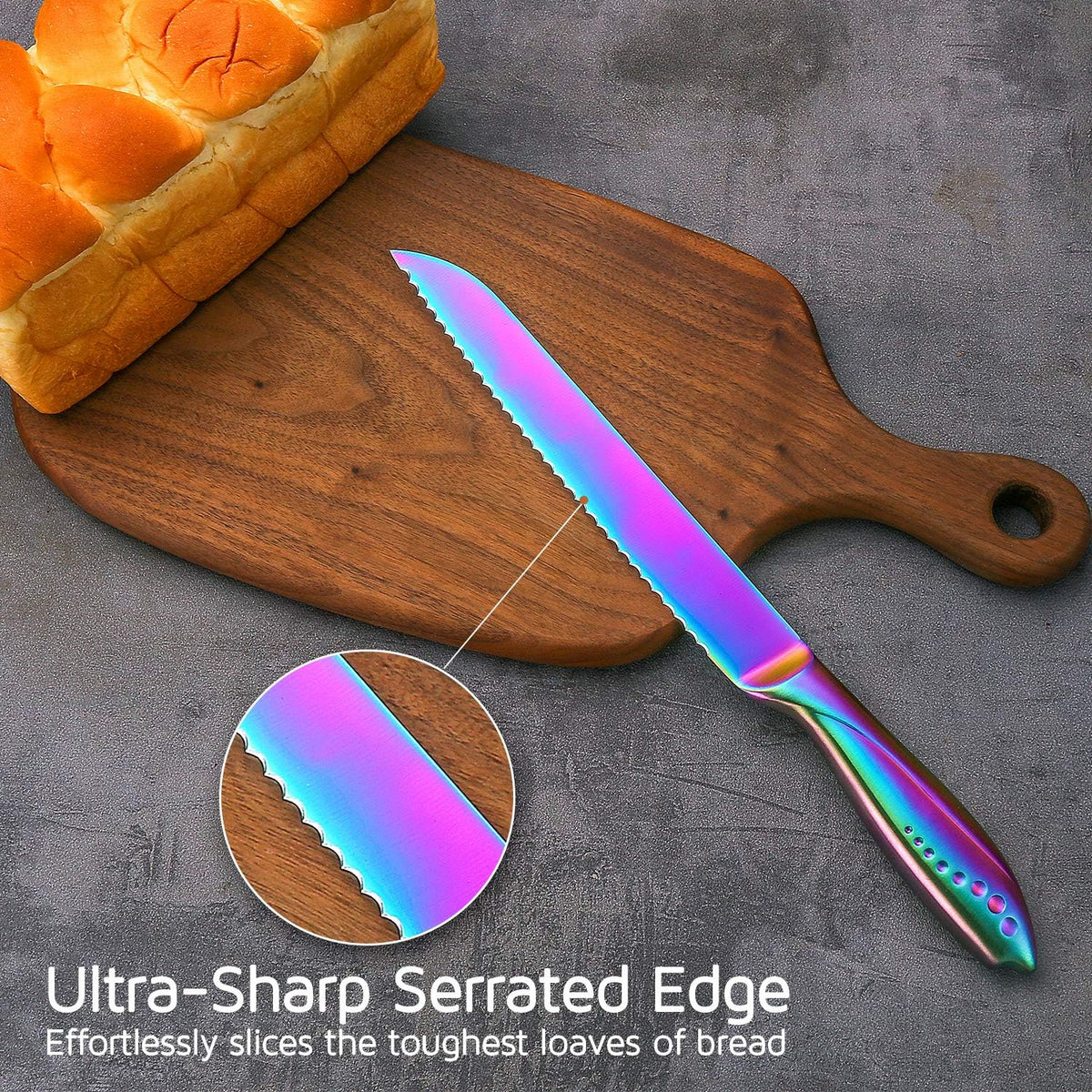 Bread Knife 8 Inch, Serrated Bread Cutter, Ultra Sharp German Stainless Steel Blade and Comfortable Handle with Rainbow Titanium Coated for Slicing Breads Loaves Bagel Cake and Large Fruit