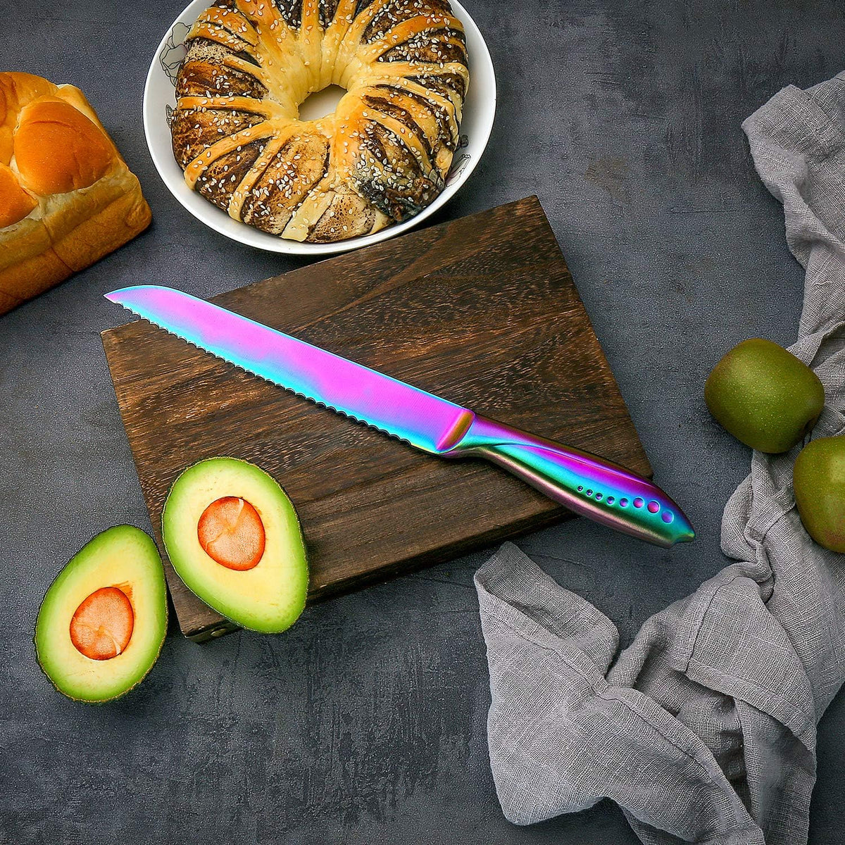 Bread Knife 8 Inch, Serrated Bread Cutter, Ultra Sharp German Stainless Steel Blade and Comfortable Handle with Rainbow Titanium Coated for Slicing Breads Loaves Bagel Cake and Large Fruit