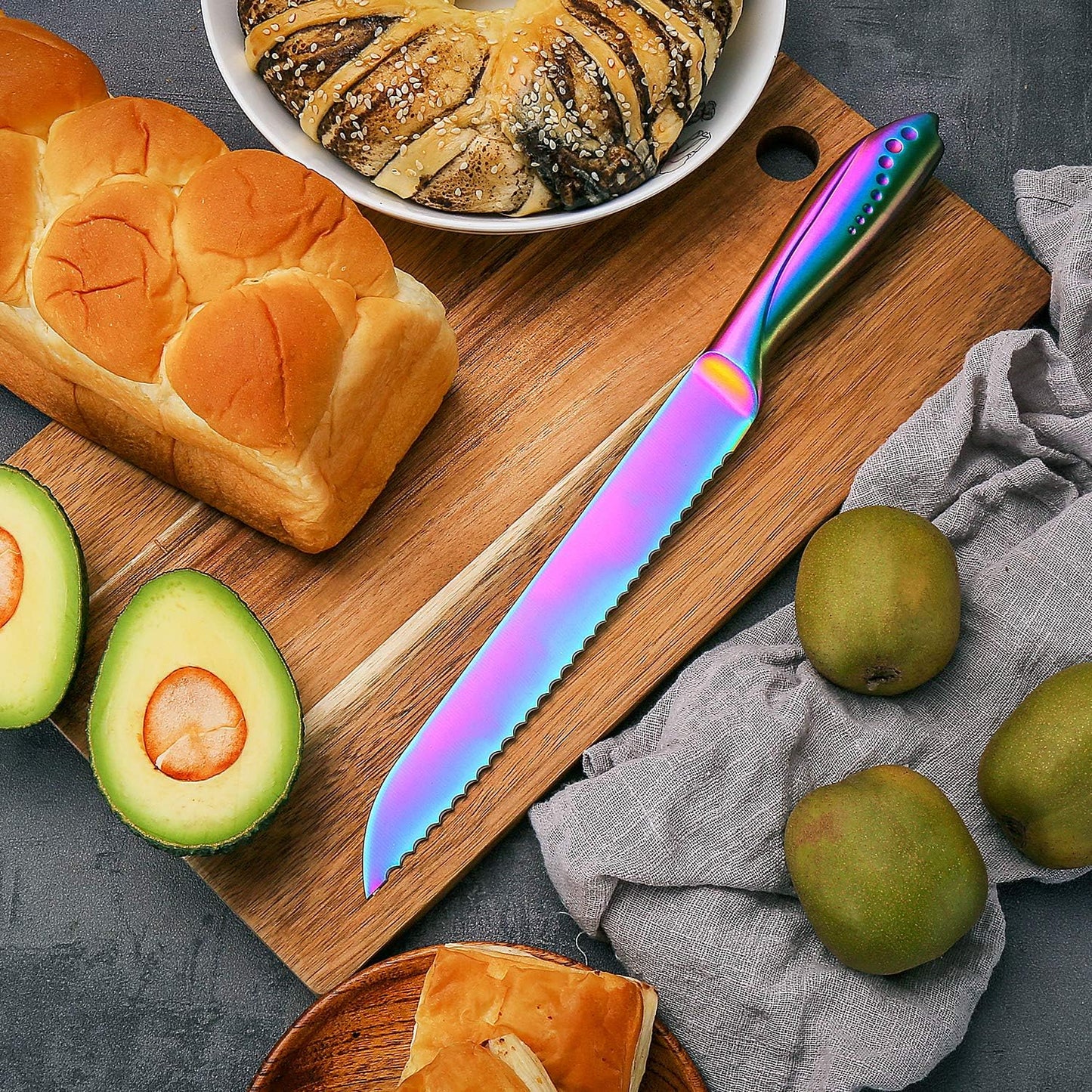 Bread Knife 8 Inch, Serrated Bread Cutter, Ultra Sharp German Stainless Steel Blade and Comfortable Handle with Rainbow Titanium Coated for Slicing Breads Loaves Bagel Cake and Large Fruit
