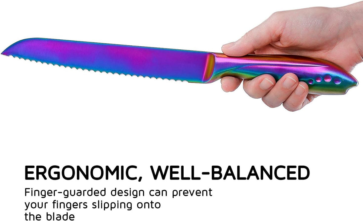 Bread Knife 8 Inch, Serrated Bread Cutter, Ultra Sharp German Stainless Steel Blade and Comfortable Handle with Rainbow Titanium Coated for Slicing Breads Loaves Bagel Cake and Large Fruit