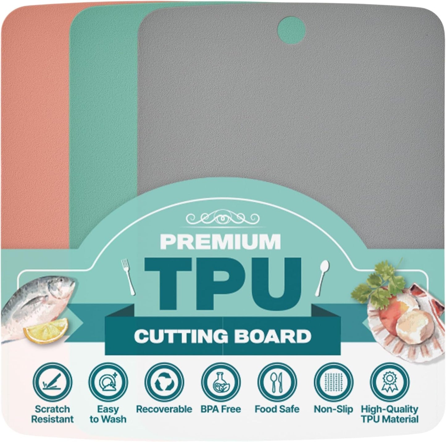 TPU Cutting Board Set of 2 11" x 16" with Handle Juice Groove - Flexible Cutting Mats for Kitchen, Knife Friendly Non-Slip Chopping Board, Scratch Resistant Blue Gray