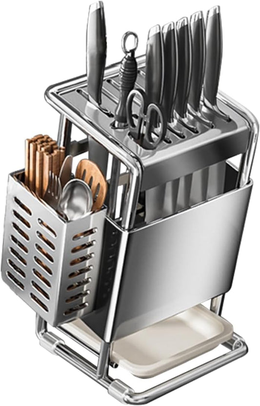 Knife Block with Drain Tray, Knife Holder without Knives, Kitchen Storage Knife Rack Decoration, Slanted Knife Stand, Countertop Knife Storage, Carbon Steel Cutlery Display Organizer (Silver,C)