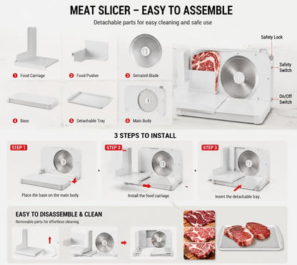 Meat Slicer Machine for Home,Foldable 150w Electric Meat Slicer with 6.7"Removable Stainless Steel Blade & Tray | 0-15mm Adjustable Thickness | Dual Safety Lock, Food Deli Slicer for Frozen Meat Jerky