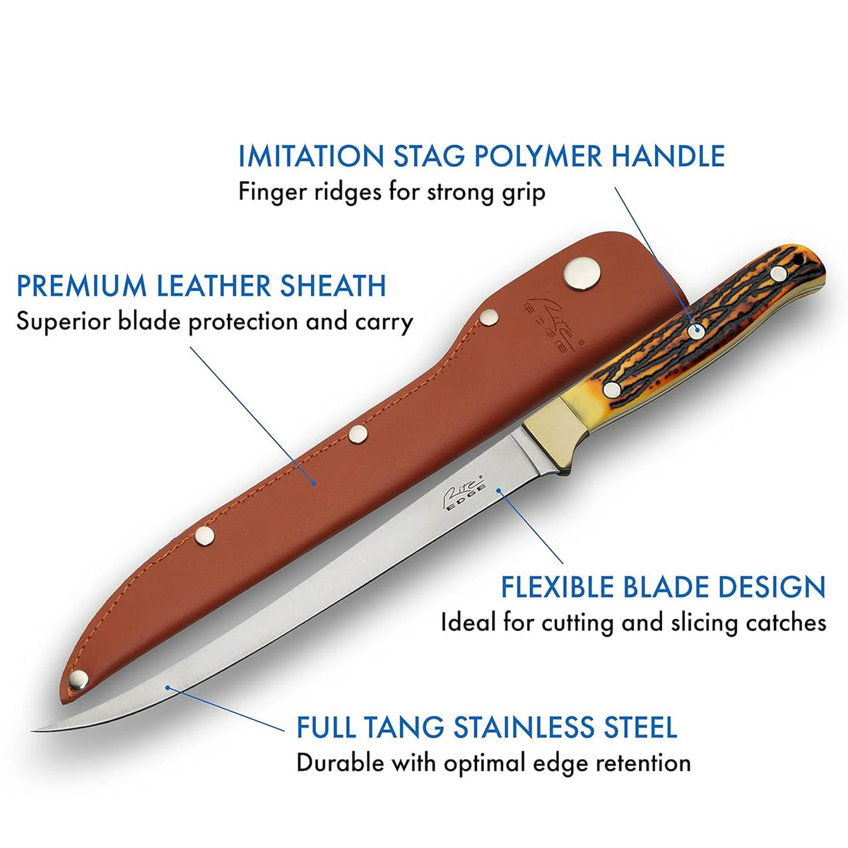 SZCO Supplies 12” Faux Stag Handle Full Tang Outdoor Fishing Fillet Knife With Leather Sheath, Brown/White,211560