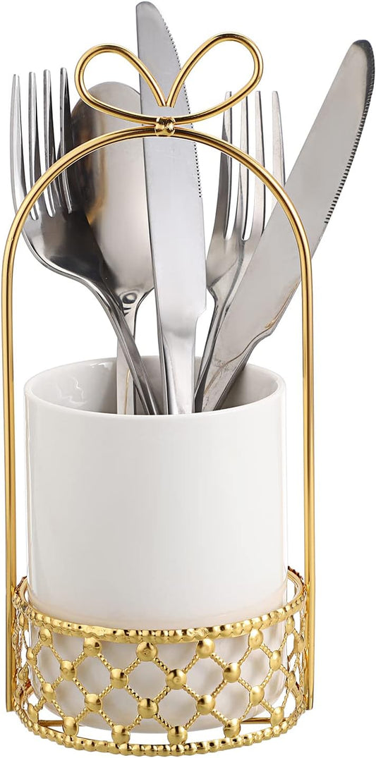 White & Gold Ceramic Silverware Holder Cutlery Caddy for Countertop | Modern Decorative Flatware Holder for Forks, Knives, and Spoons, Tabletop Utensil Organizer for Wedding Party Dining Tables