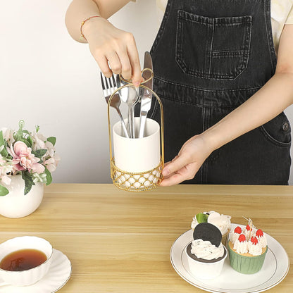 White & Gold Ceramic Silverware Holder Cutlery Caddy for Countertop | Modern Decorative Flatware Holder for Forks, Knives, and Spoons, Tabletop Utensil Organizer for Wedding Party Dining Tables