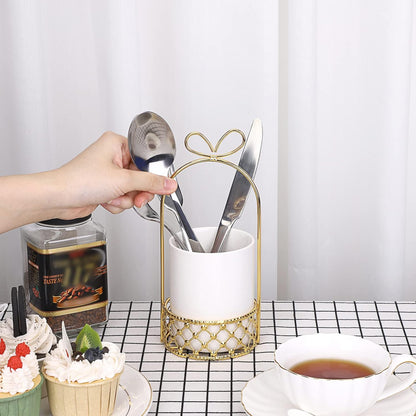 White & Gold Ceramic Silverware Holder Cutlery Caddy for Countertop | Modern Decorative Flatware Holder for Forks, Knives, and Spoons, Tabletop Utensil Organizer for Wedding Party Dining Tables