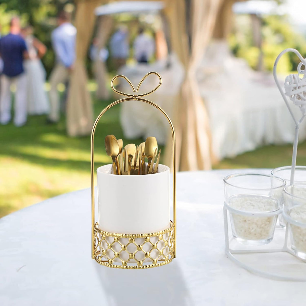 White & Gold Ceramic Silverware Holder Cutlery Caddy for Countertop | Modern Decorative Flatware Holder for Forks, Knives, and Spoons, Tabletop Utensil Organizer for Wedding Party Dining Tables