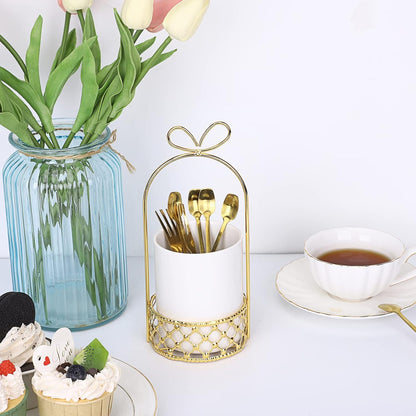 White & Gold Ceramic Silverware Holder Cutlery Caddy for Countertop | Modern Decorative Flatware Holder for Forks, Knives, and Spoons, Tabletop Utensil Organizer for Wedding Party Dining Tables