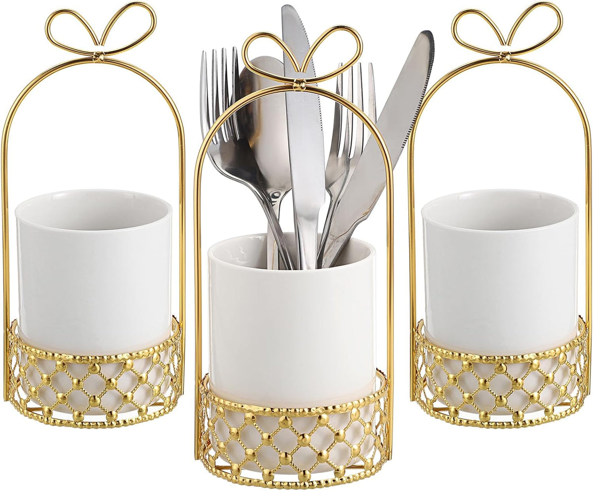 White & Gold Ceramic Silverware Holder Cutlery Caddy for Countertop | Modern Decorative Flatware Holder for Forks, Knives, and Spoons, Tabletop Utensil Organizer for Wedding Party Dining Tables