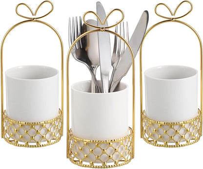White & Gold Ceramic Silverware Holder Cutlery Caddy for Countertop | Modern Decorative Flatware Holder for Forks, Knives, and Spoons, Tabletop Utensil Organizer for Wedding Party Dining Tables