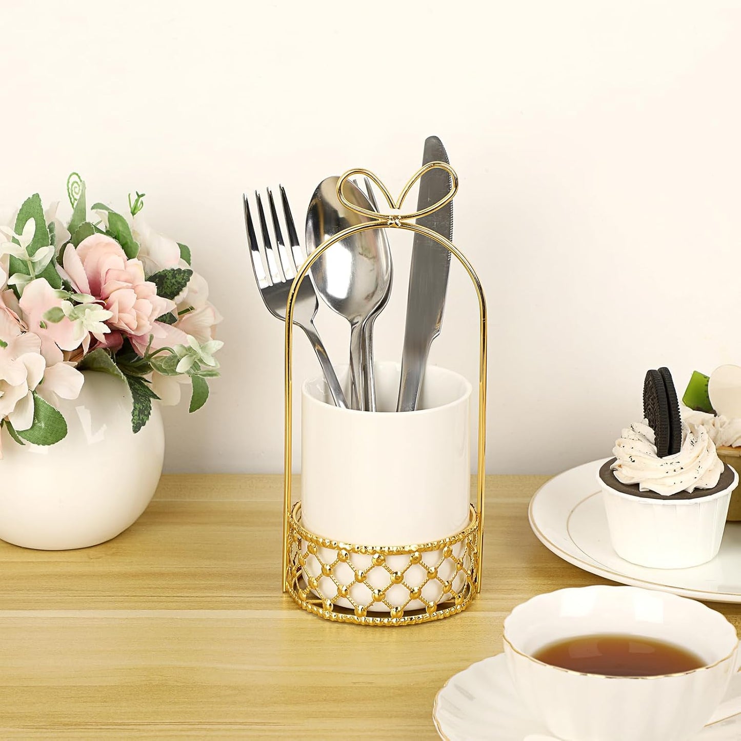 White & Gold Ceramic Silverware Holder Cutlery Caddy for Countertop | Modern Decorative Flatware Holder for Forks, Knives, and Spoons, Tabletop Utensil Organizer for Wedding Party Dining Tables