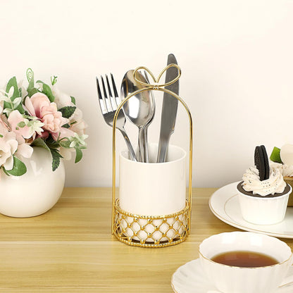 White & Gold Ceramic Silverware Holder Cutlery Caddy for Countertop | Modern Decorative Flatware Holder for Forks, Knives, and Spoons, Tabletop Utensil Organizer for Wedding Party Dining Tables