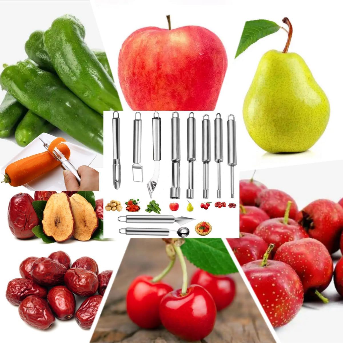 Fruit and Vegetable Corer Tool,Kitchen Fruit Carving Knife, Multi-Function Stainless Corer and Pitter Remover Set for Apple, Pear, Cherry, Jujube, Red Dates, Chili,Potato, Watermelon（10 Pcs）