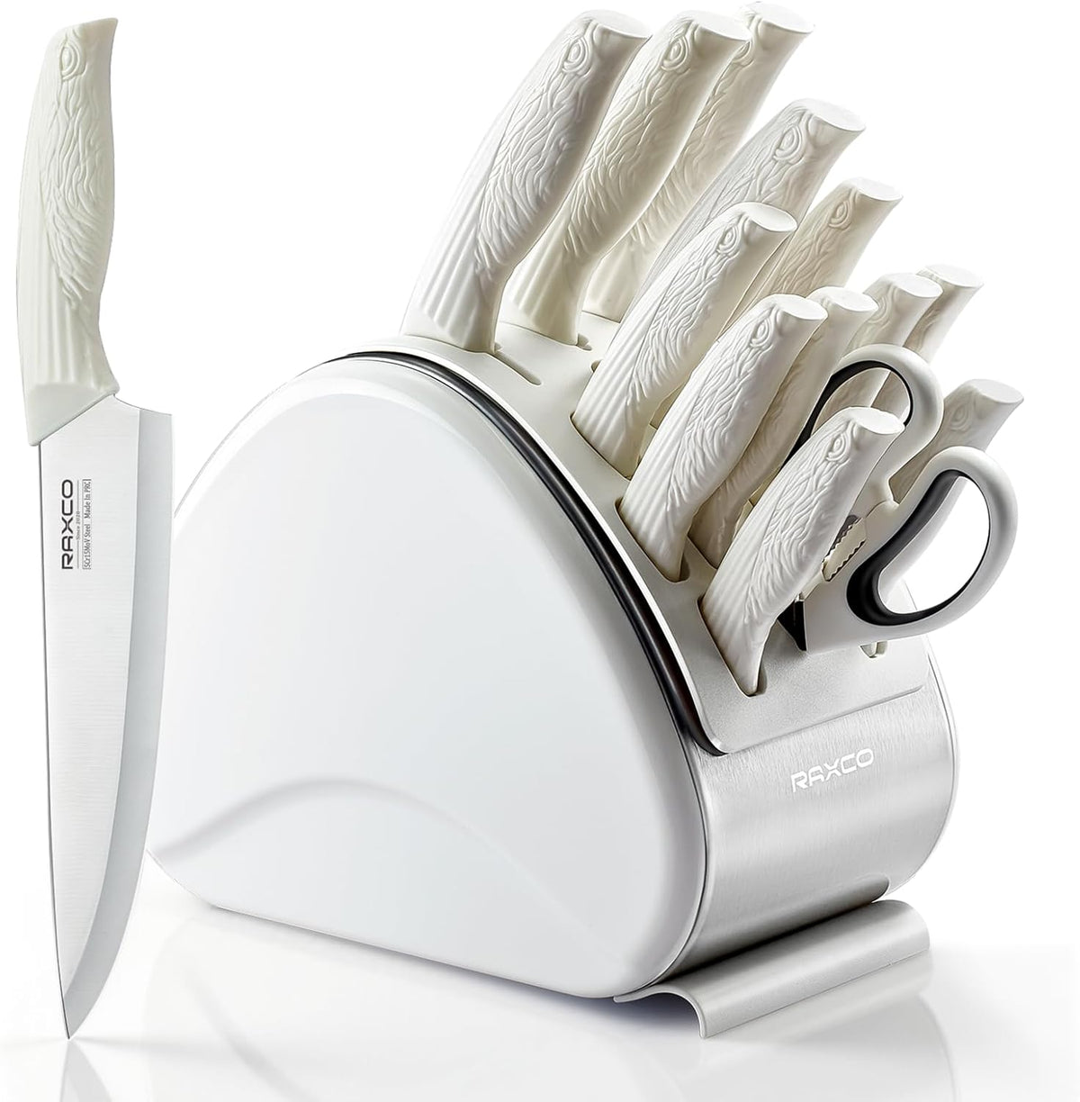 15-Piece Kitchen Knife Set with Block, White | Stainless Steel Blades, Ergonomic Handles. 15-Pc in Modern Block With Built-in Sharpener.