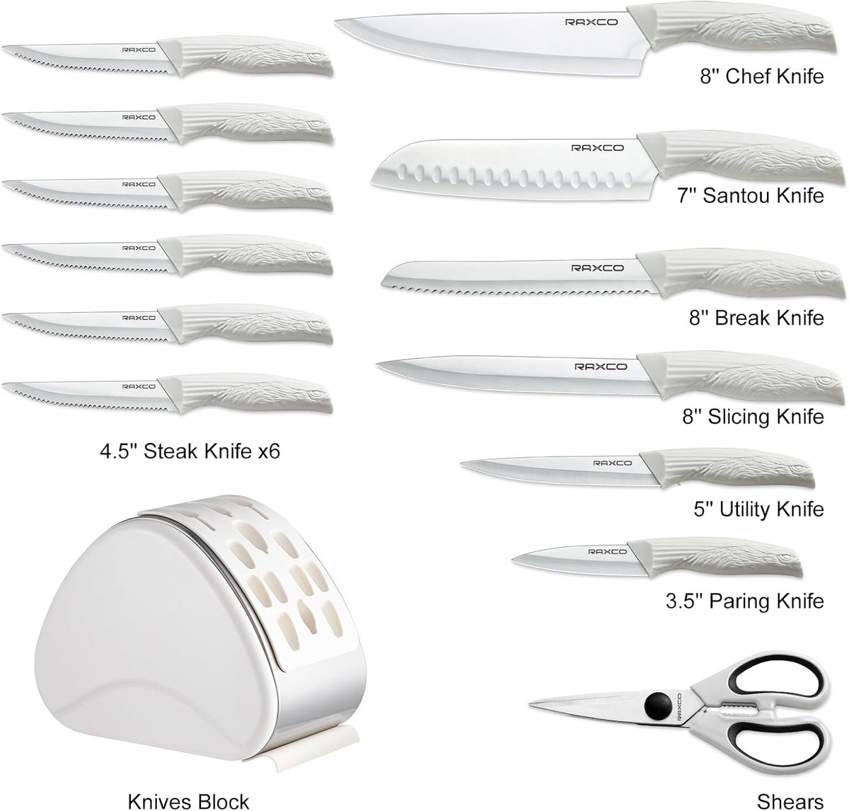15-Piece Kitchen Knife Set with Block, White | Stainless Steel Blades, Ergonomic Handles. 15-Pc in Modern Block With Built-in Sharpener.