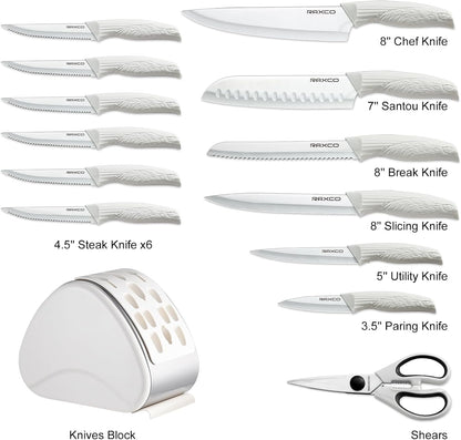 15-Piece Kitchen Knife Set with Block, White | Stainless Steel Blades, Ergonomic Handles. 15-Pc in Modern Block With Built-in Sharpener.